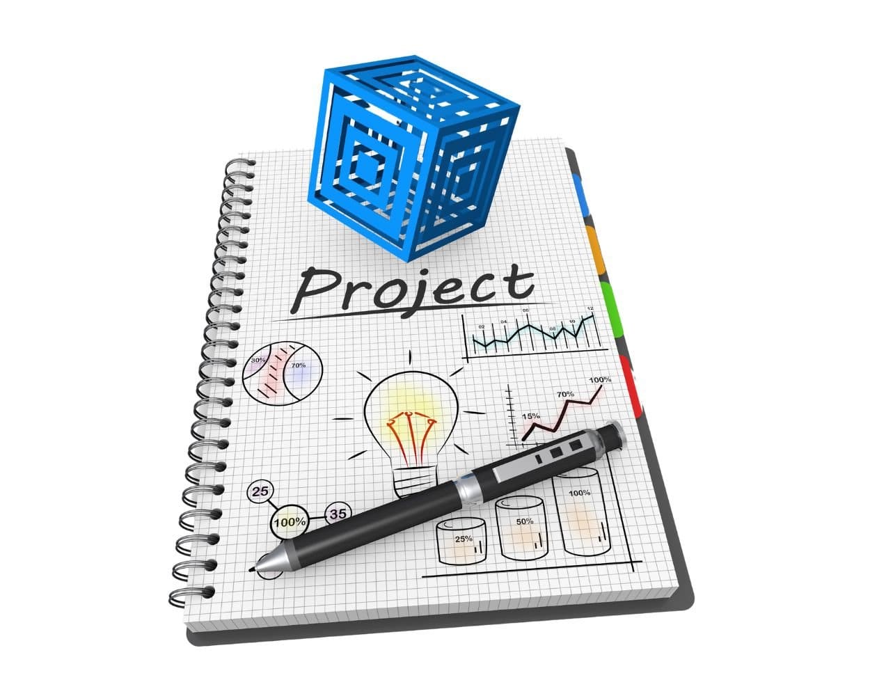 A project notebook covered in charts, a sketched lightbulb and a pen, under a blue cube