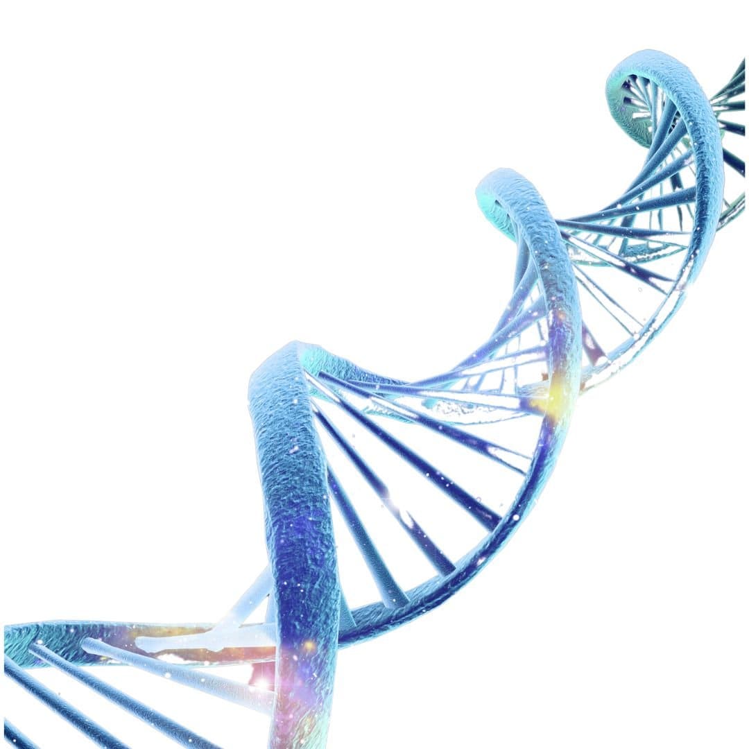 A DNA double helix, rendered in blue
